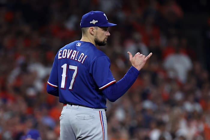 Texas Rangers starting pitcher Nathan Eovaldi reacts against the Houston Astros in the first inning during Game 6 of the ALCS on Oct. 22 at Minute Maid Park.